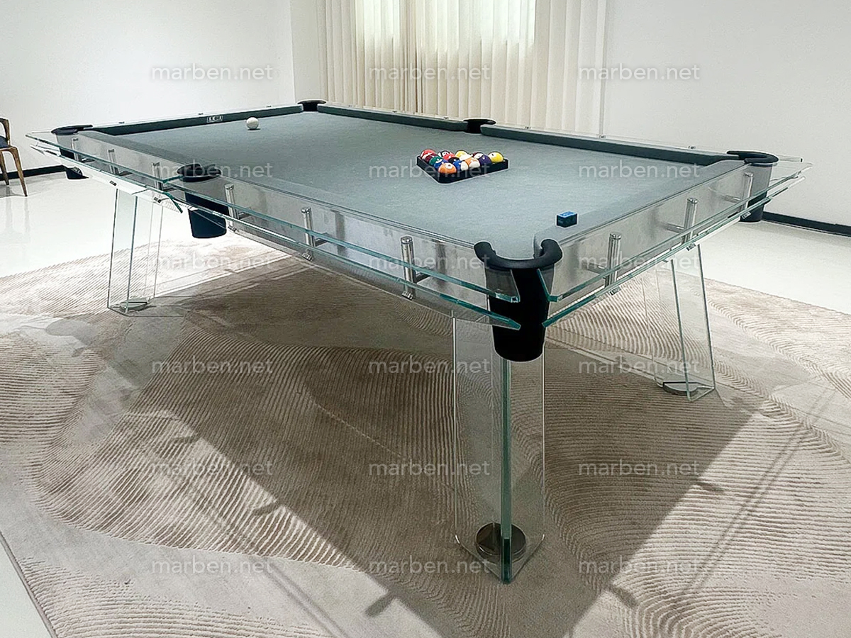 MESA DE BILLAR LUXURY GLASS1,  DE CRISTAL TEMPLADO ESTRUCTURA DE ACERO INOXIDABLE, 7FT ó 8FT